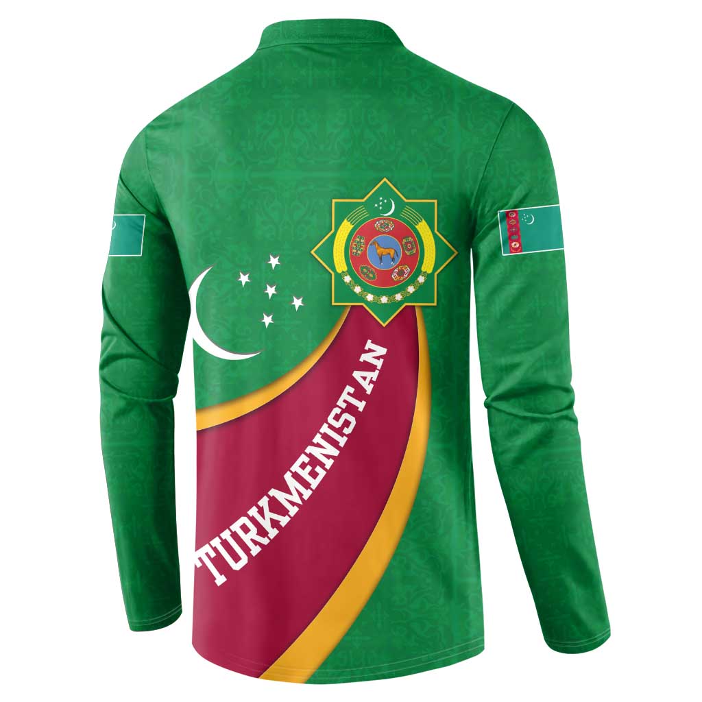 Turkmenistan Green Button Sweatshirt with Crescent Moon and State Emblem Design