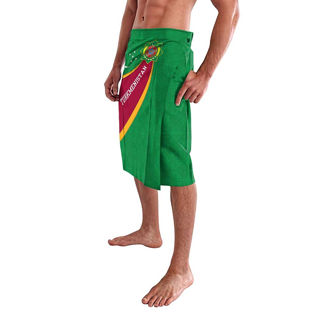 Turkmenistan Green Lavalava with Crescent Moon and State Emblem Design