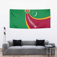 Turkmenistan Green Tapestry with Crescent Moon and State Emblem Design
