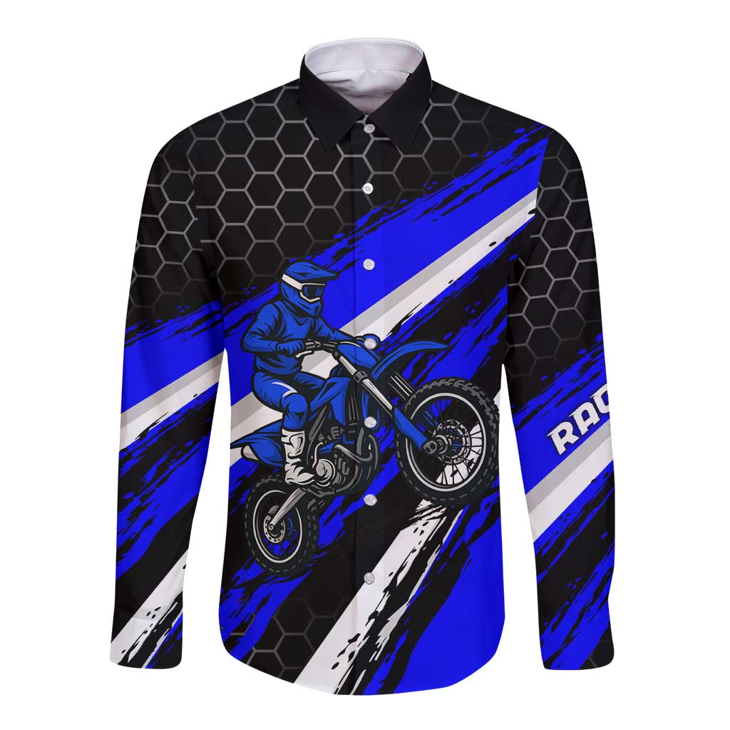 Custom Blue Motocross Long Sleeve Button Shirt with Dirt Bike Rider Graphic Design on Honeycomb Pattern - Wonder Print Shop