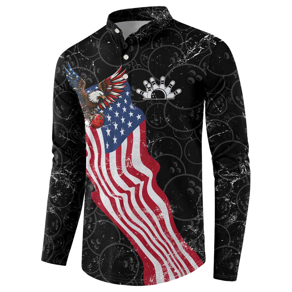 American Eagle Bowling Button Sweatshirt with Distressed Flag and Grunge Pattern in Red White and Blue - Wonder Print Shop