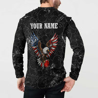American Eagle Bowling Button Sweatshirt with Distressed Flag and Grunge Pattern in Red White and Blue - Wonder Print Shop