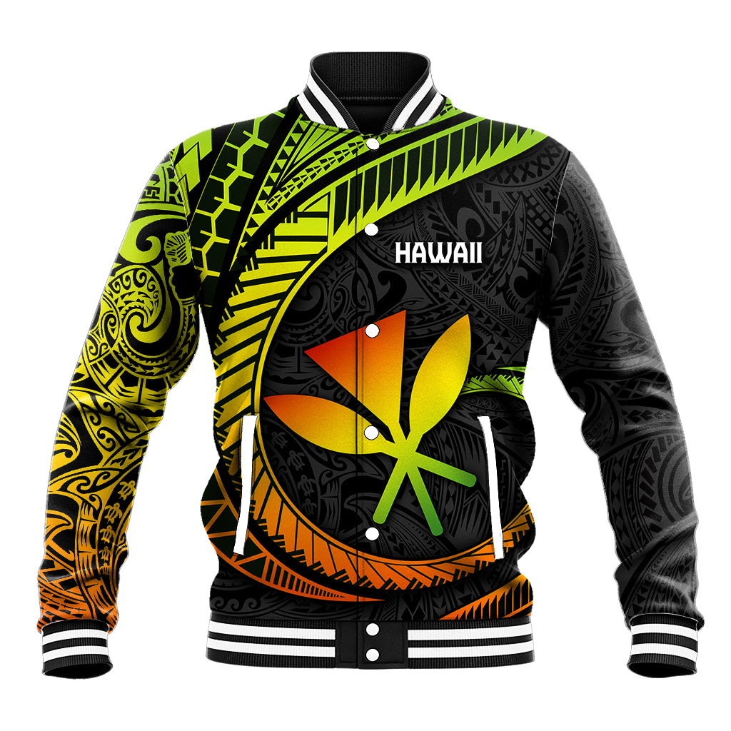 Unisex black baseball jacket with green and yellow Polynesian-style front graphic, ribbed cuffs