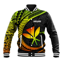Unisex black baseball jacket with green and yellow Polynesian-style front graphic, ribbed cuffs
