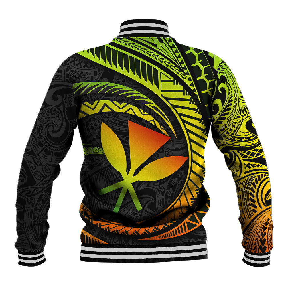 Unisex black baseball jacket with green and yellow Polynesian-style back graphic, striped collar