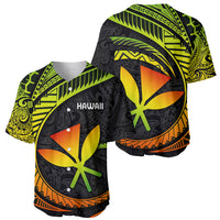 Black baseball jersey front and back, green/yellow leaf graphics with orange trim, Hawaii text