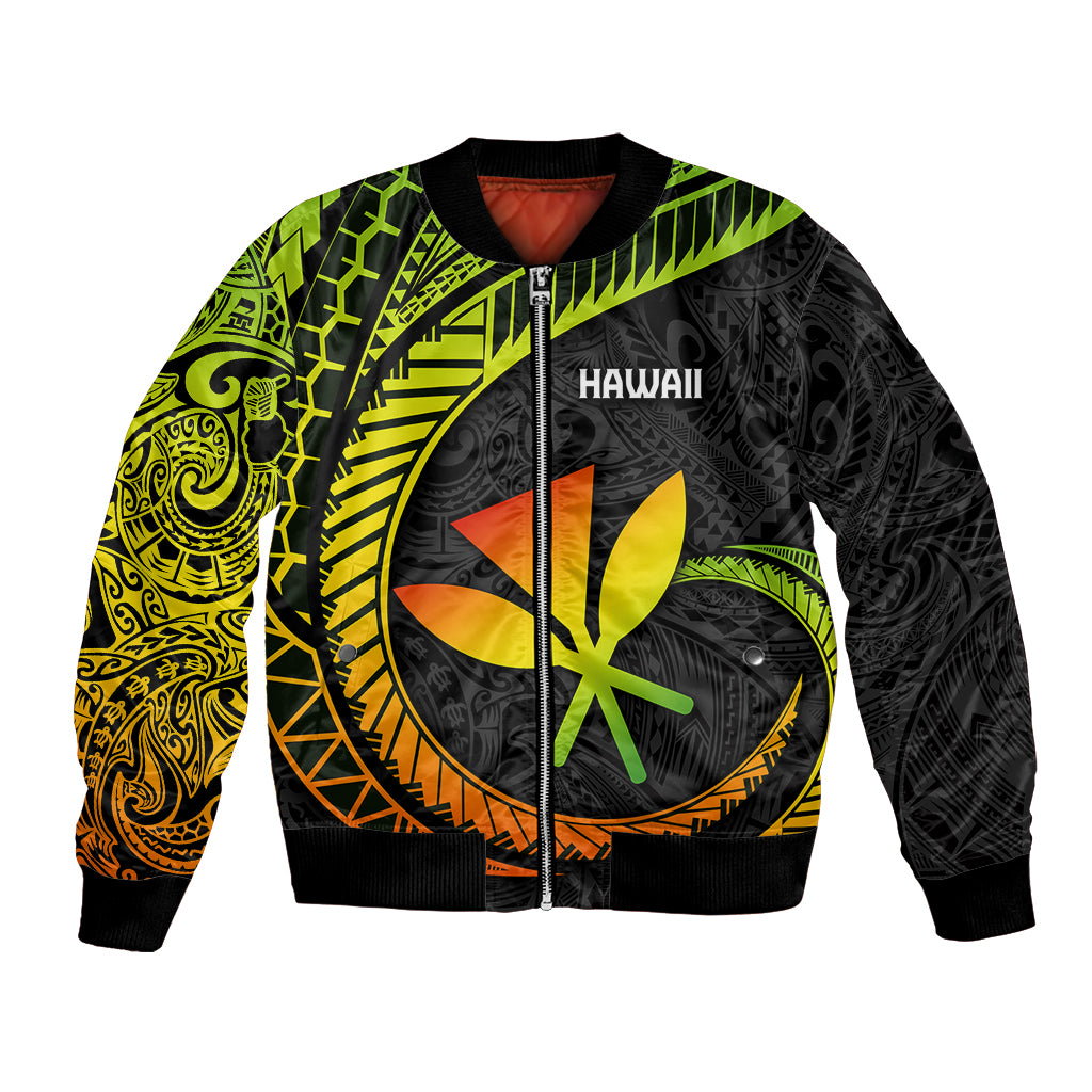 Unisex bomber jacket with zipper, Hawaii text, tropical flower graphic, neon green and orange