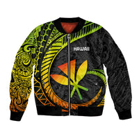 Unisex bomber jacket with zipper, Hawaii text, tropical flower graphic, neon green and orange
