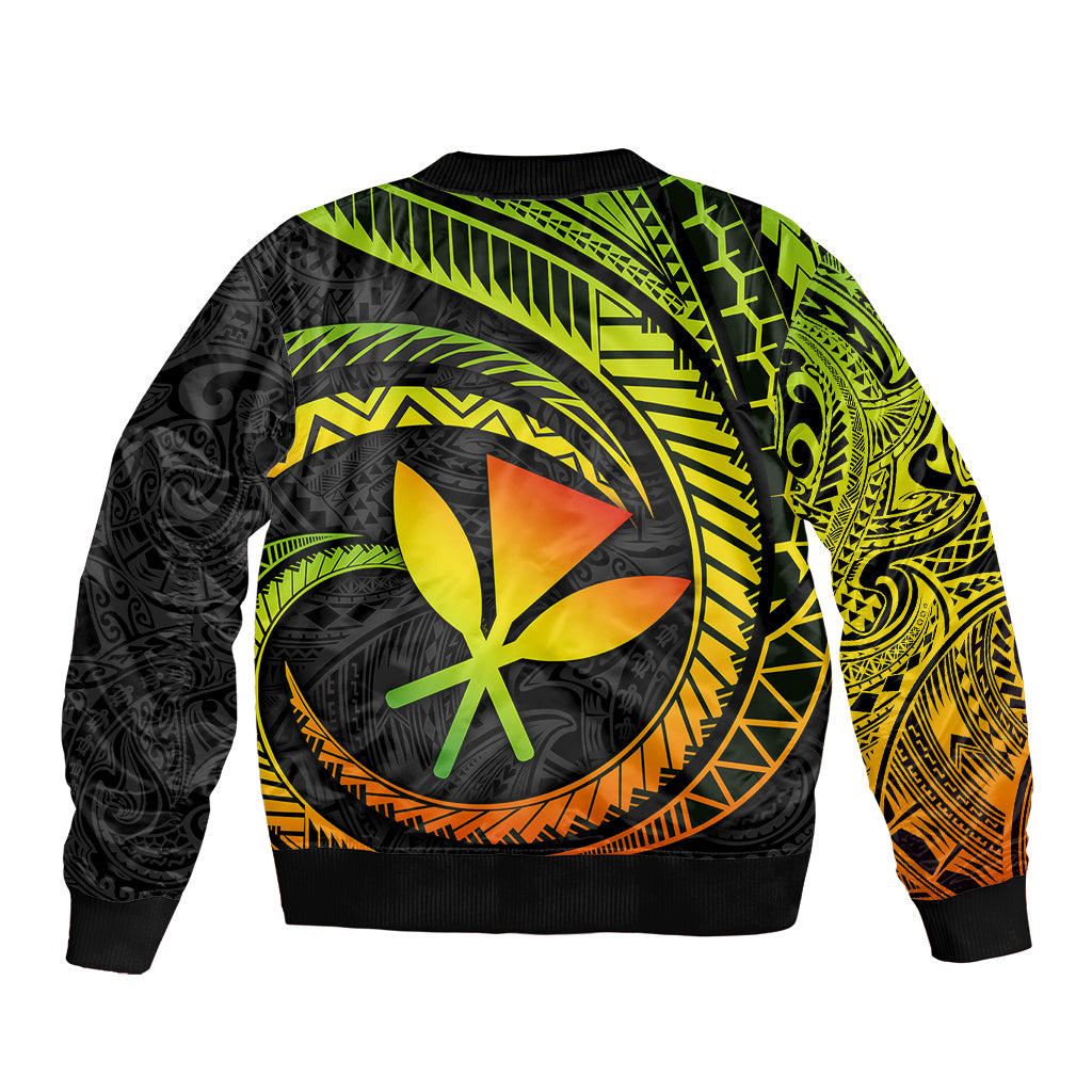 Unisex bomber jacket with circular tropical graphic, neon green and orange gradient, ribbed hem