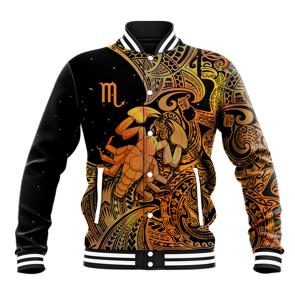 Black varsity baseball jacket with orange-gold Scorpio graphic, striped collar and cuffs