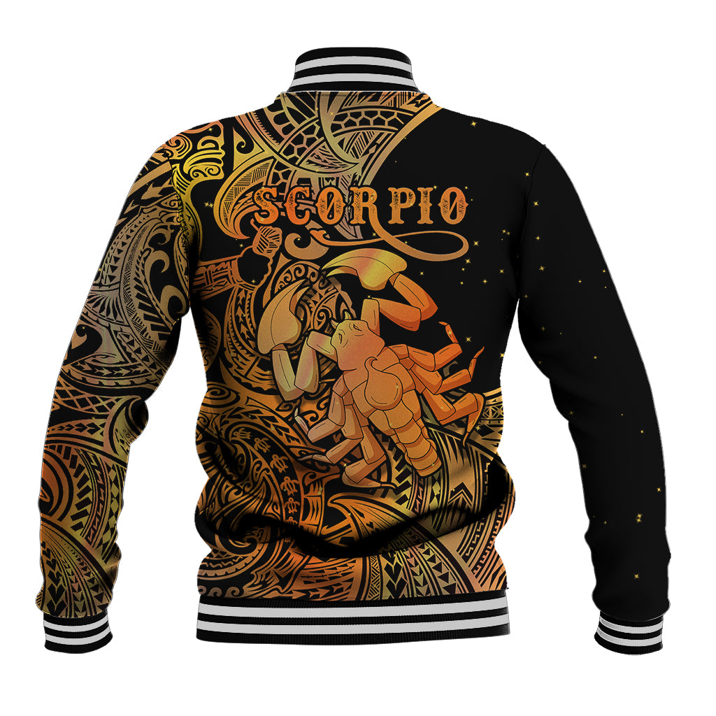 Black back varsity jacket with orange-gold Scorpio text, striped collar and ribbed hem