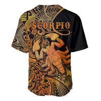 Scorpio baseball jersey back design with 'SCORPIO' text, orange-gold zodiac artwork on black