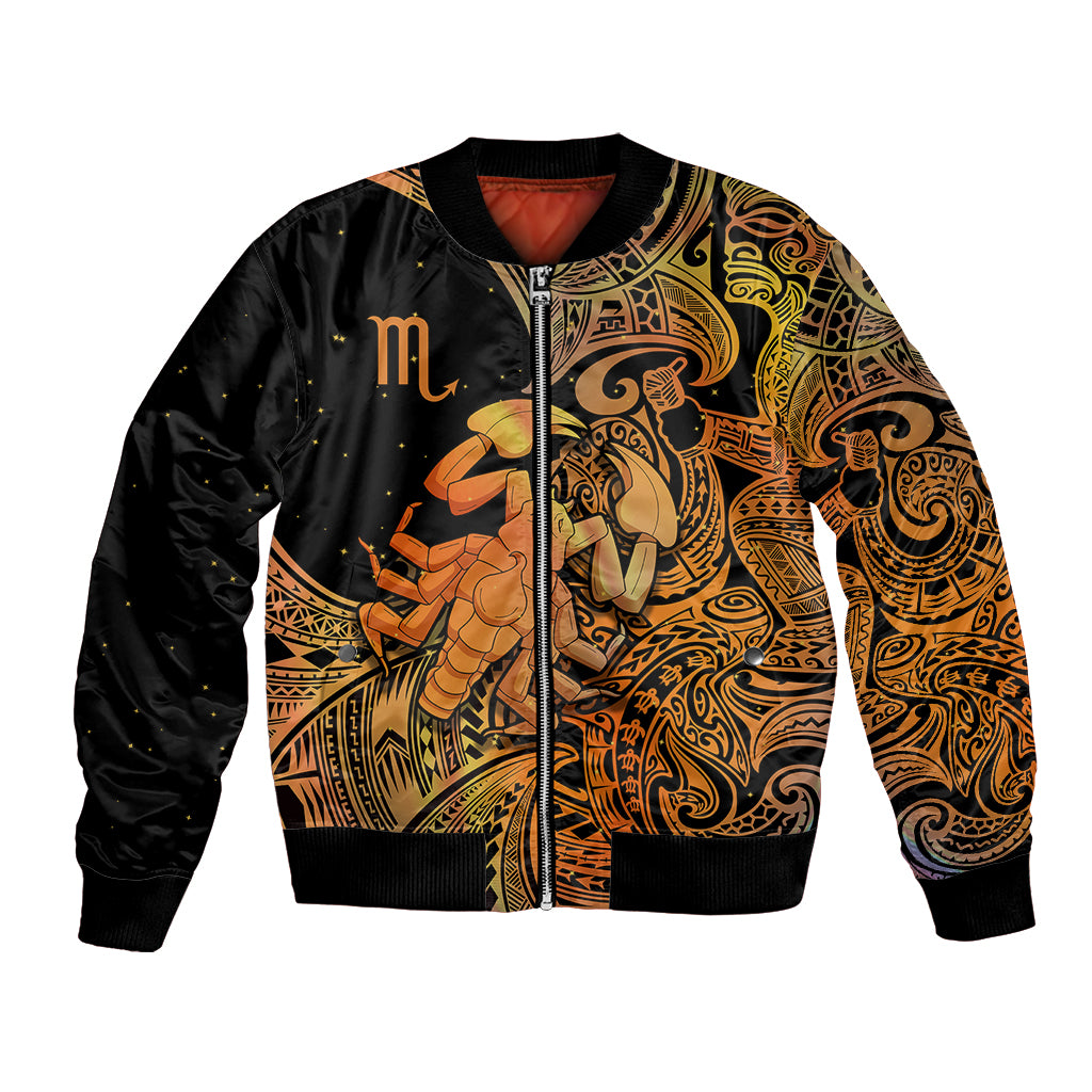 Black bomber jacket with orange/gold Scorpio front graphic, zip and ribbed cuffs