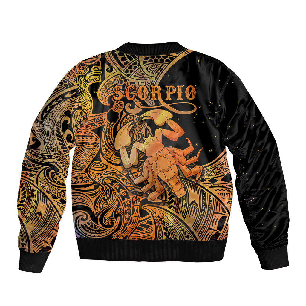 Black bomber jacket back graphic with 'SCORPIO' text, orange/gold ornate art