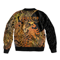 Black bomber jacket back graphic with 'SCORPIO' text, orange/gold ornate art