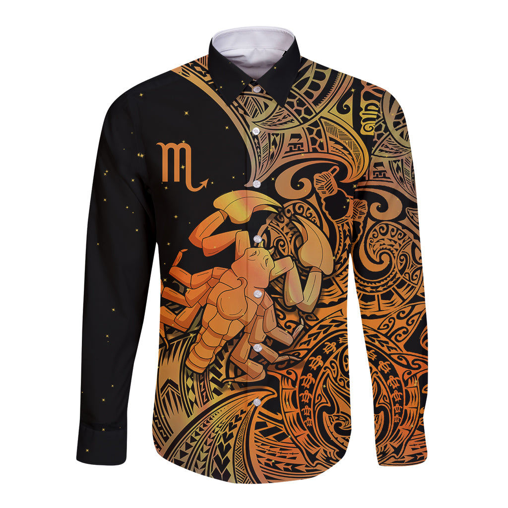Long-sleeve button shirt with Polynesian zodiac print, dark base with orange artwork