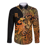 Long-sleeve button shirt with Polynesian zodiac print, dark base with orange artwork