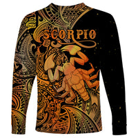 Black and orange long-sleeve crewneck shirt with 'SCORPIO' text and Polynesian art