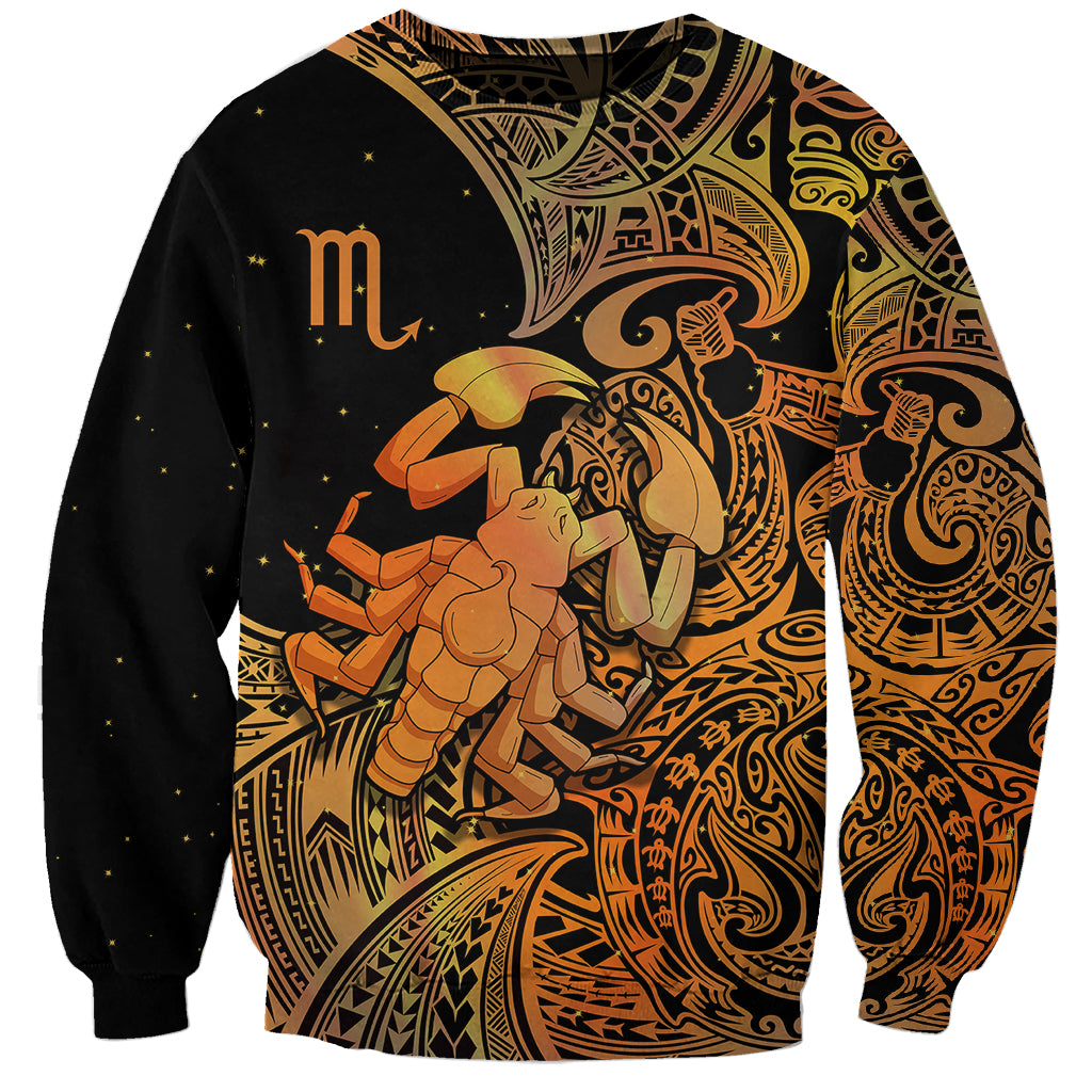 Orange and black Scorpio sweatshirt with Polynesian-style zodiac and large scorpion graphic