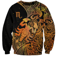 Orange and black Scorpio sweatshirt with Polynesian-style zodiac and large scorpion graphic