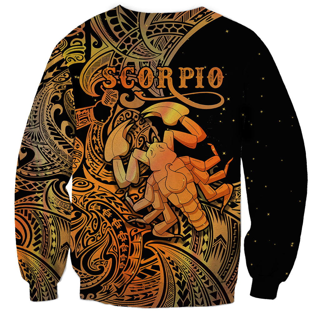 Orange and black Scorpio sweatshirt with 'SCORPIO' text and Polynesian scorpion figure