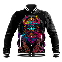 Black baseball jacket with neon Viking warrior face graphic and buttoned front
