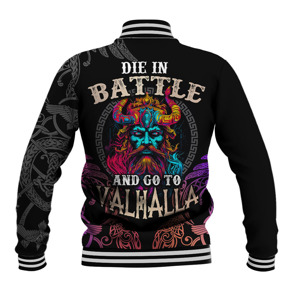 Black varsity jacket back with neon Viking head, ornate pattern, and text 'DIE IN BATTLE'