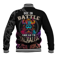 Black varsity jacket back with neon Viking head, ornate pattern, and text 'DIE IN BATTLE'