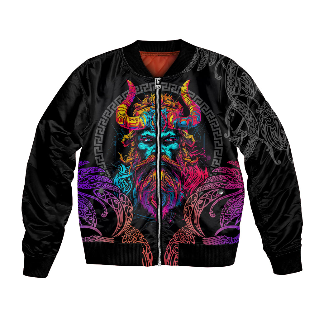 Black unisex bomber jacket with neon raven and ornate Viking graphic on front