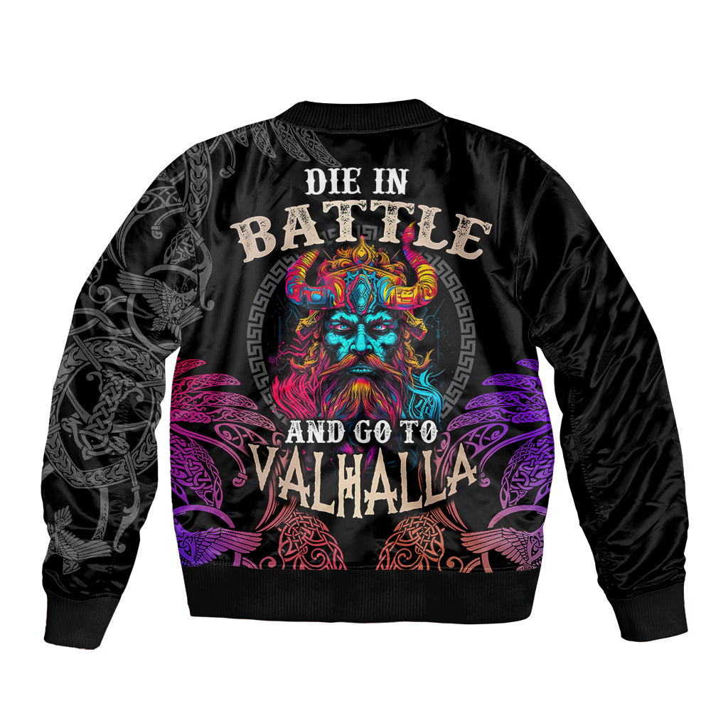 Black unisex bomber jacket with back slogan and neon head graphic in Viking style