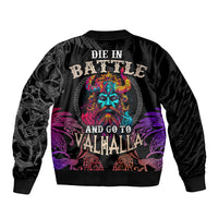 Black unisex bomber jacket with back slogan and neon head graphic in Viking style