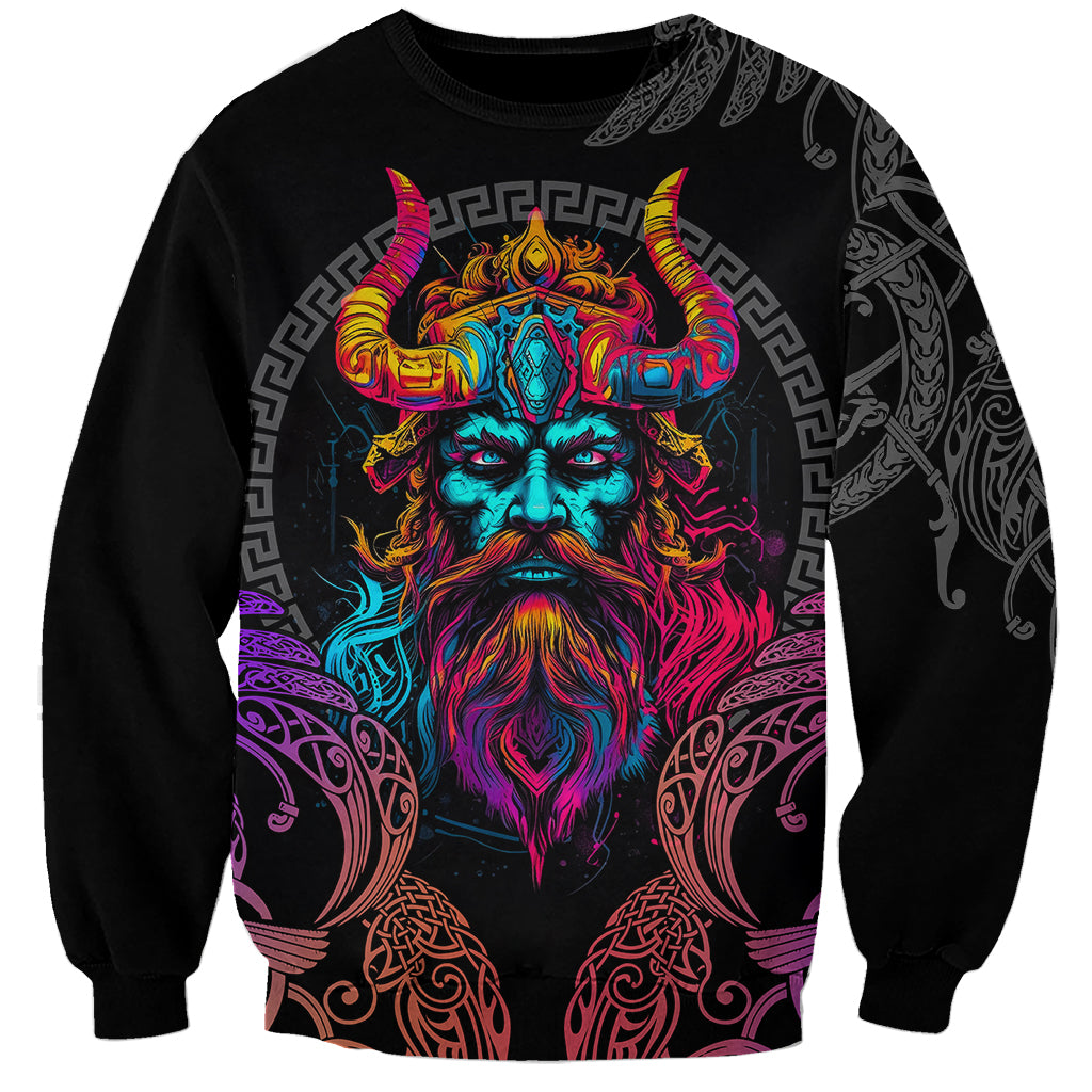 Unisex black sweatshirt with neon Viking warrior face graphic and rune patterns