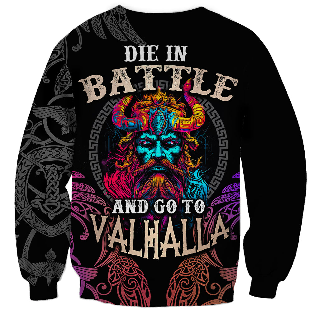 Unisex black sweatshirt with Die in Battle back print, neon warrior and rune trim