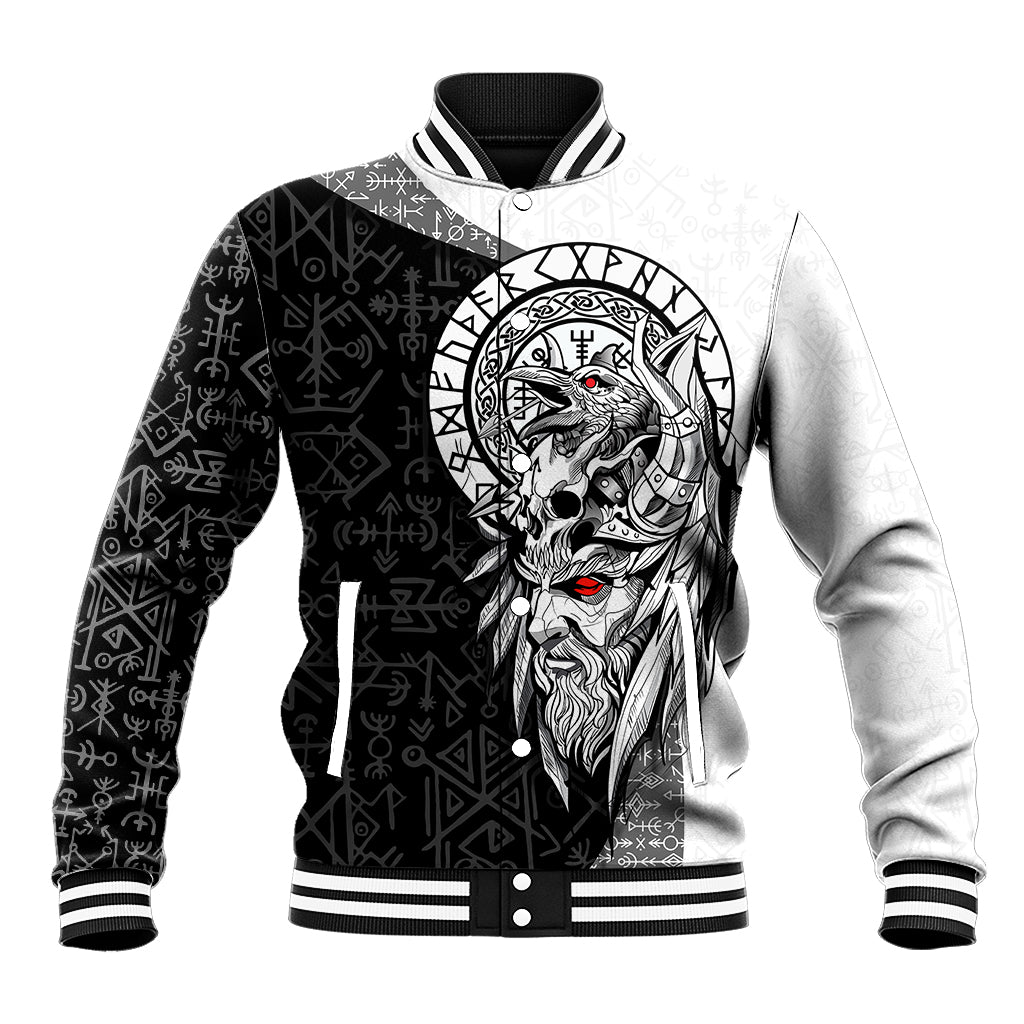 Black and white baseball jacket with large Odin raven graphic on front, striped rib trim