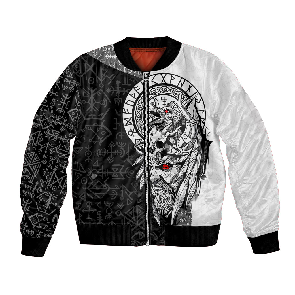 Unisex black-and-white bomber jacket with Norse rune print and Odin portrait on front