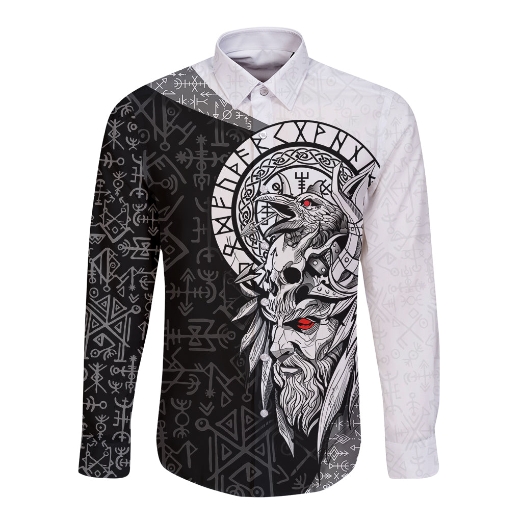 Black and white Viking long sleeve button shirt with raven and rune graphic
