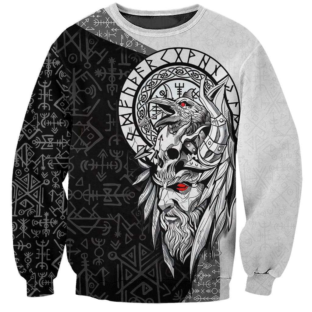 Two-tone crewneck sweatshirt with black-and-gray rune pattern and raven helmet graphic