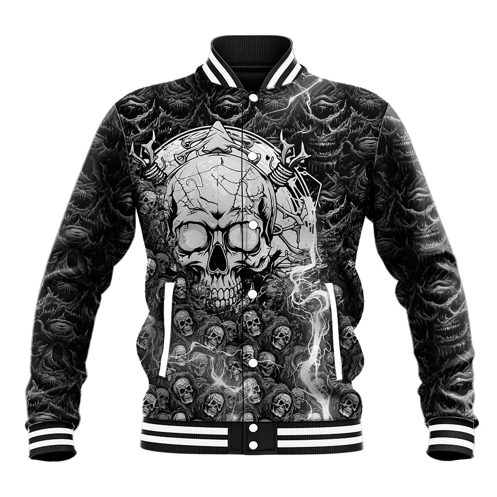 Unisex black skull graphic baseball jacket with striped ribbed collar and cuffs.