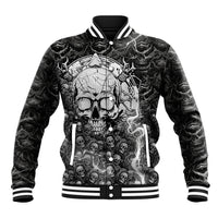 Unisex black skull graphic baseball jacket with striped ribbed collar and cuffs.