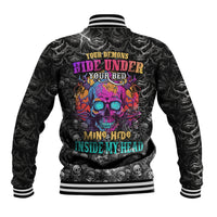 Unisex black skull graphic baseball jacket with colorful back print and striped ribbed cuffs.