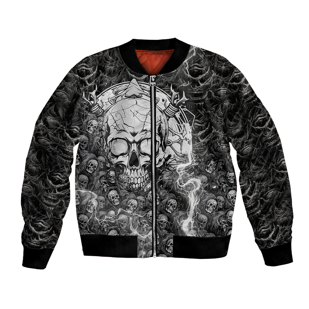 Unisex skull bomber jacket with black ribbed collar, front zipper, and illustrated chaos graphic