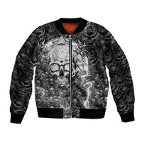 Unisex skull bomber jacket with black ribbed collar, front zipper, and illustrated chaos graphic