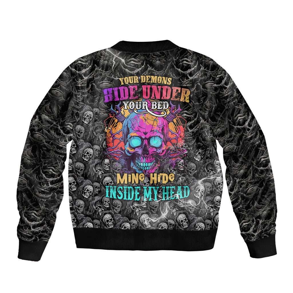 Unisex skull bomber jacket with back print of demons hide under your bed and mine inside head