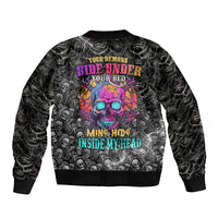 Unisex skull bomber jacket with back print of demons hide under your bed and mine inside head