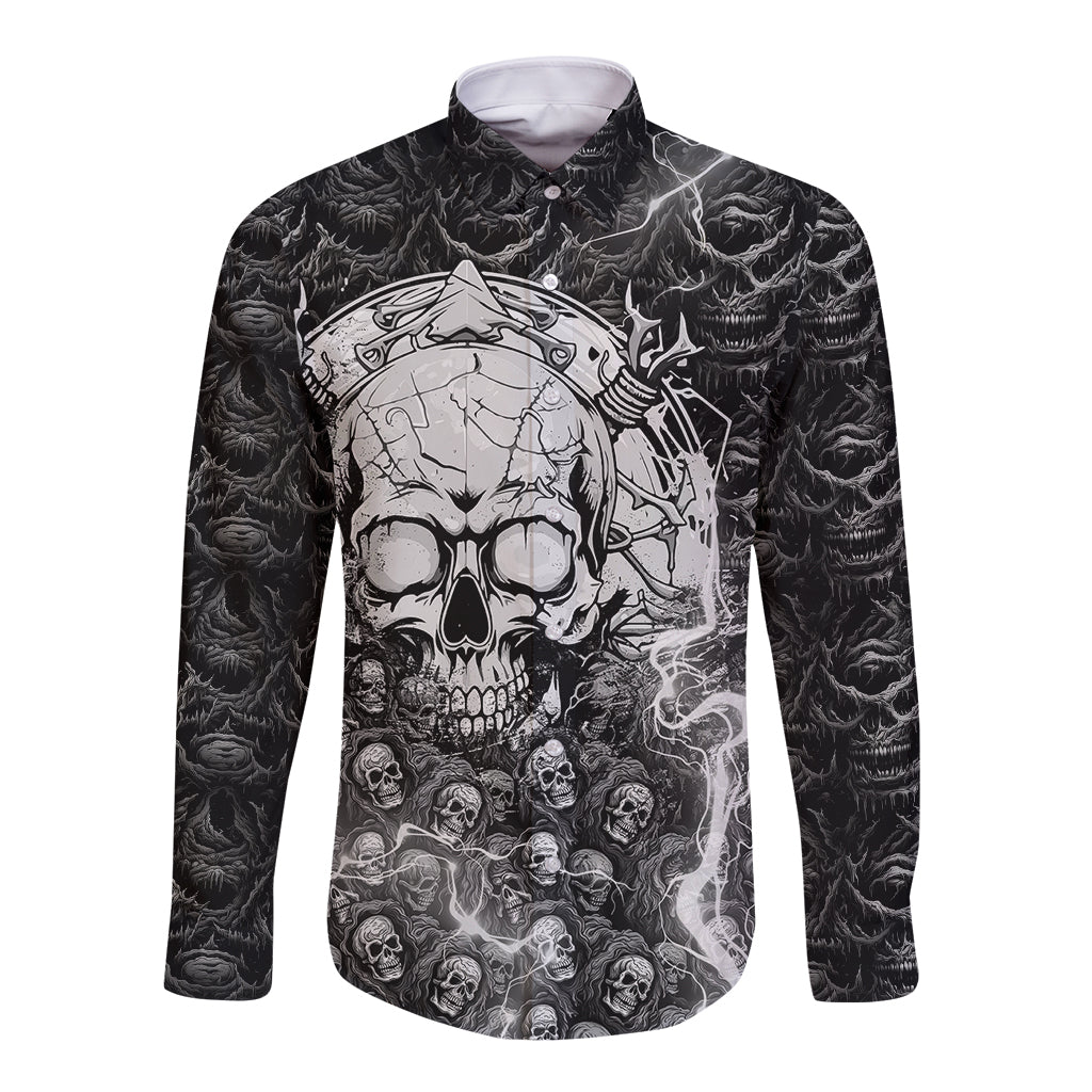 Black long sleeve button shirt with large skull graphic front, monochrome print