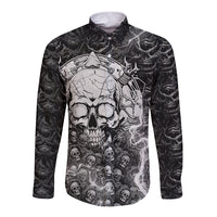 Black long sleeve button shirt with large skull graphic front, monochrome print