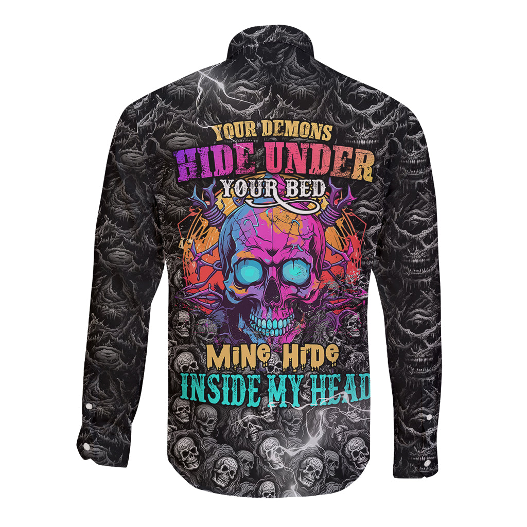Black long sleeve button shirt with colorful skull text graphic on back