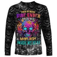 Unisex long sleeve graphic shirt with colorful skull, neon text, and chaos scene on black