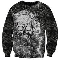 Dark unisex sweatshirt with large skull graphic on the front, long sleeves