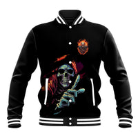 Skull graphic baseball jacket, black varsity style with striped collar and colorful front print